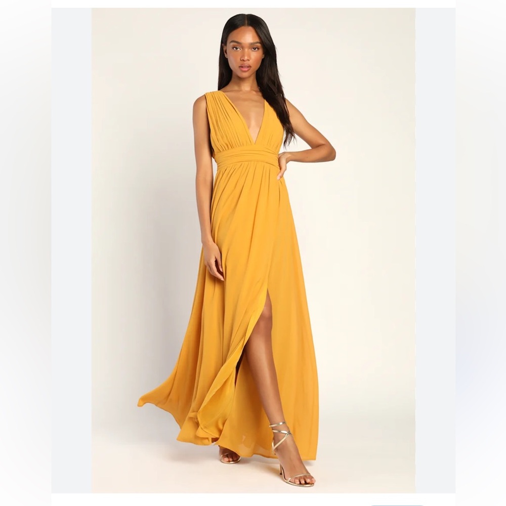 Lulu's Mustard Yellow merigold Sleeveless Dress deep v